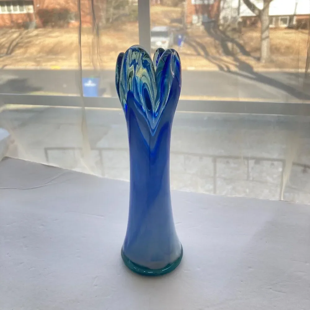 Vintage 5 Finger Blue White Swirl Swung Vase Art Glass Bud Vase Glass 8 inches